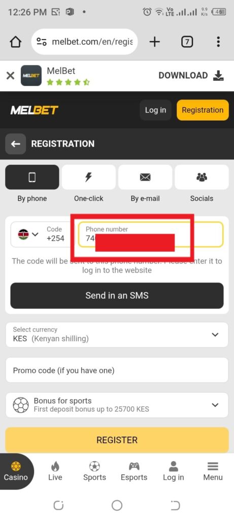 Melbet registration enter kenyan phone number 