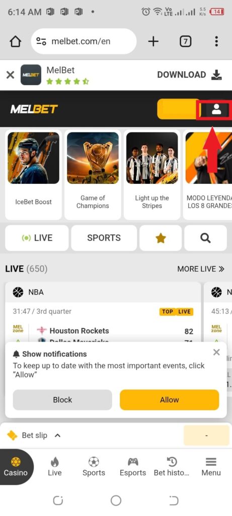 melbet registration user icon